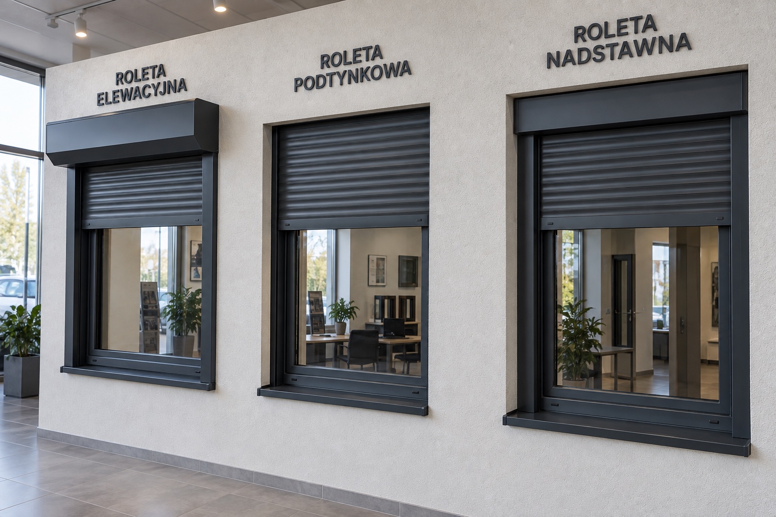Ekspozycja trzech systemów rolet zewnętrznych: elewacyjnej, podtynkowej i nadstawnej